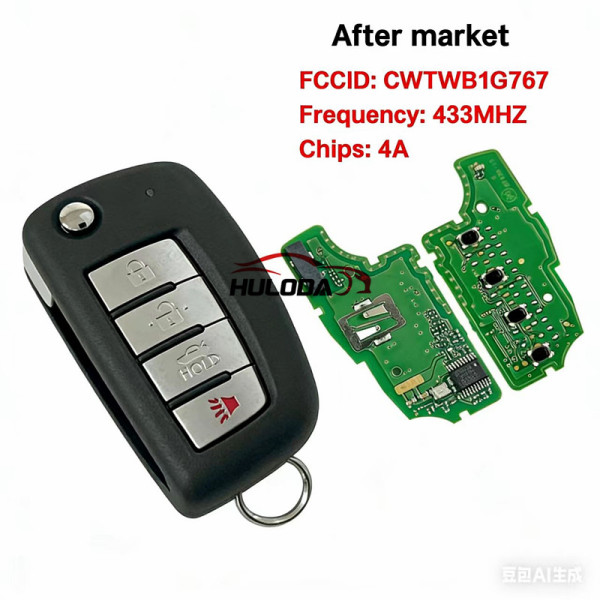For 2014-2018 Nissan Rogue 28268-4CB1A   FCC ID: CWTWB1G767 Smart Remote Key 434Mhz FSK 4A PCF7961M Chip 3+1 with logo