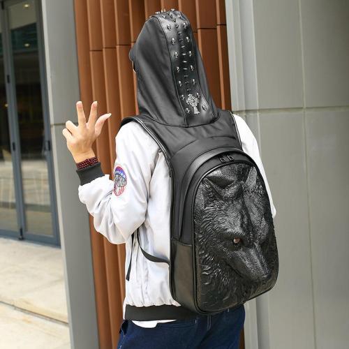 Punk Style Unisex 3D Wolf Design Rivets PU Hooded Backpack