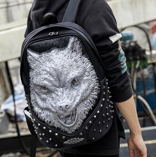 Punk Style Unisex 3D Wolf Design Rivets PU Backpack