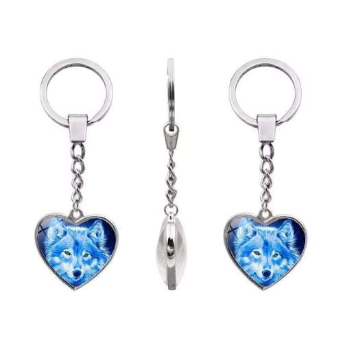 Gemstone Heart Shape Wolf Keychain Key Ring