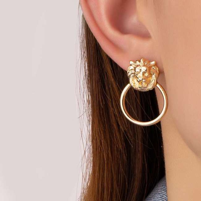 Gold Lion Circle Earrings