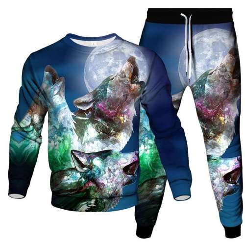 Unisex Wolf Print Pullover Sweatshirt Pants Sets
