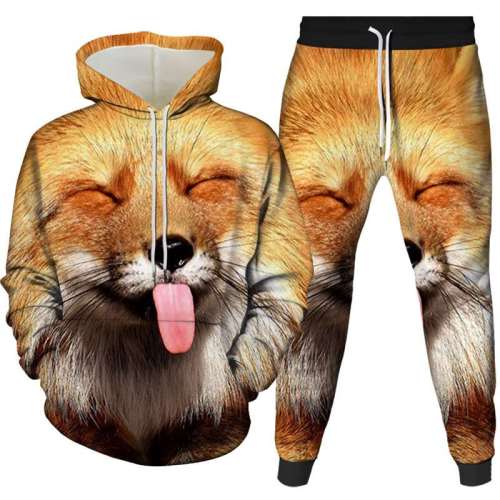 Unisex Fox Print Hoodies Pants Sets
