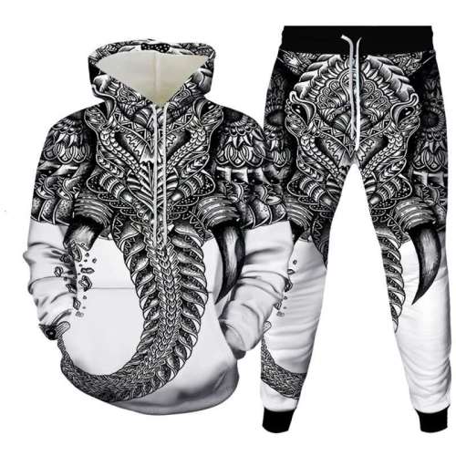 Unisex Elephant Print Hoodies Pants Sets