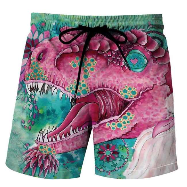 Men Dinosaur Print Elasticated Beach Shorts