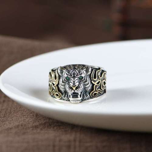 Men Silver Adjustable Tiger Open Rings