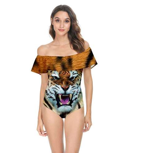 Womens Tiger Print Off Shoulder One Piece Swimsuit Swimwear