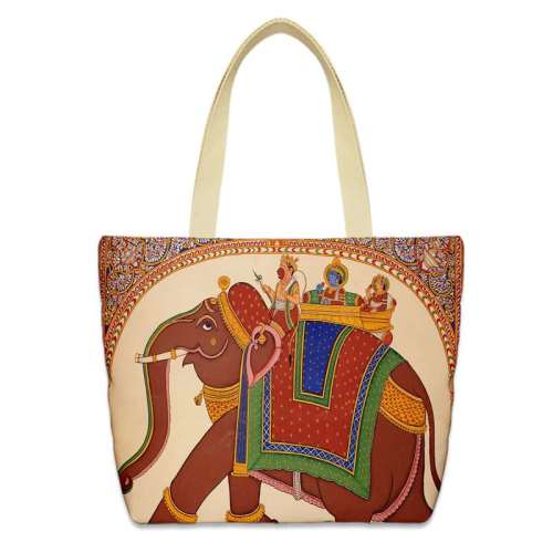 Zipper Closure Handbag Elephant Canvas Shoulder Tote Bag With Large Capacity