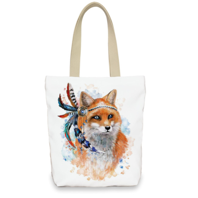 Zipper Closure Handbag Fox Canvas Shoulder Tote Bag With Large Capacity