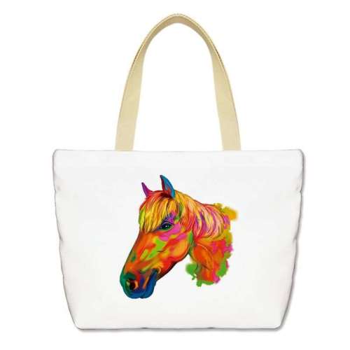 Zipper Closure Handbag Horse Canvas Shoulder Tote Bag With Large Capacity
