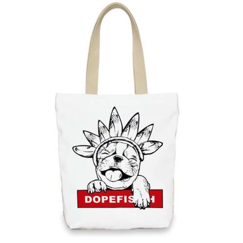 Zipper Closure Handbag Dog Puppy Canvas Shoulder Tote Bag With Large Capacity