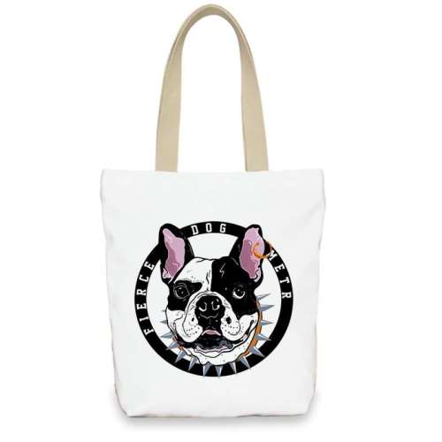 Zipper Closure Handbag Dog Puppy Canvas Shoulder Tote Bag With Large Capacity