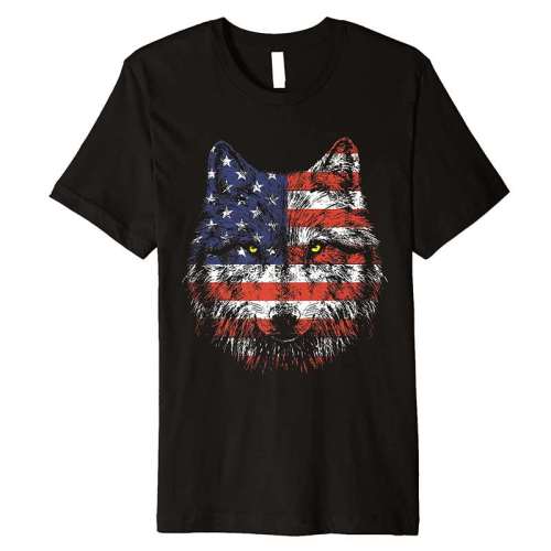 Designed Family Matching T-shirts Unisex Wolf American Flag Print Tops