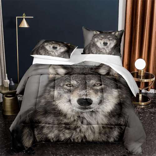 3D Wolf Print Quilt Set Cotton Comforter Set for Adults Teens