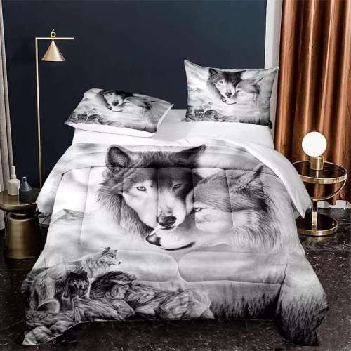 3D Wolf Print Quilt Set Cotton Comforter Set for Adults Teens
