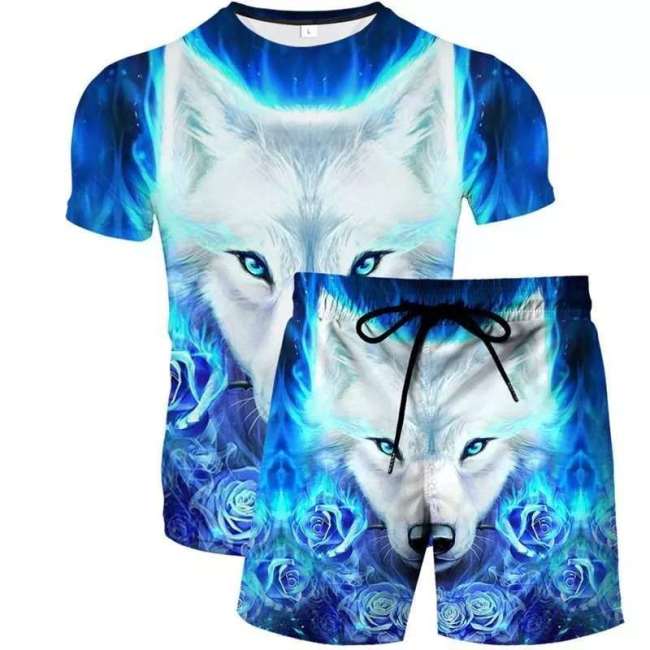 Unisex Wolf Print T-shirt Shorts Sets