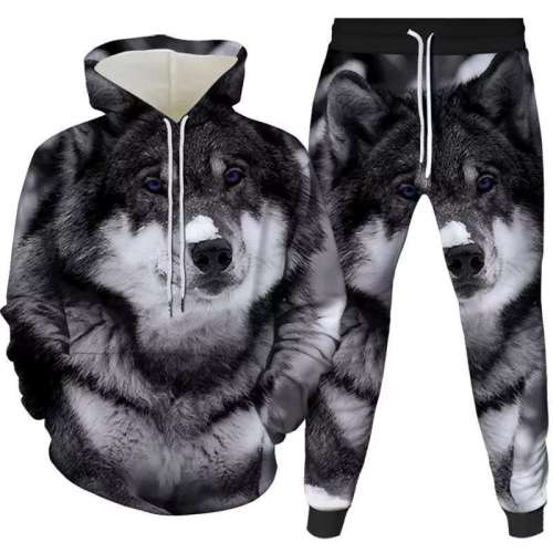 Unisex Wolf Print Hoodies Pants Sets