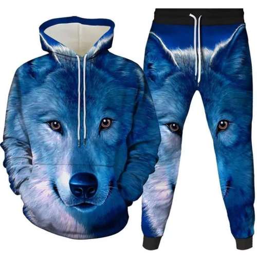 Unisex Wolf Print Hoodies Pants Sets