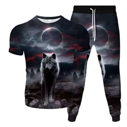 Unisex Wolf Print T-shirt Pants Sets