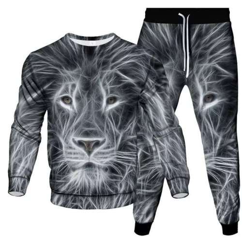 Unisex Lion Print Pullover Sweatshirt Pants Sets