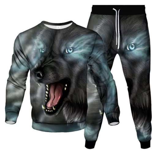 Unisex Wolf Print Pullover Sweatshirt Pants Sets