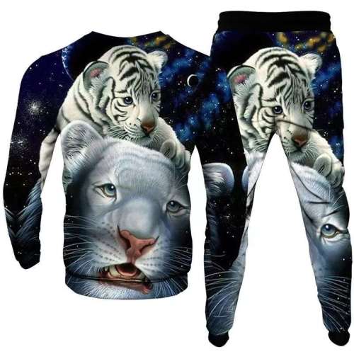Unisex Tiger Print Pullover Sweatshirt Pants Sets