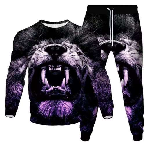 Unisex Lion Print Pullover Sweatshirt Pants Sets