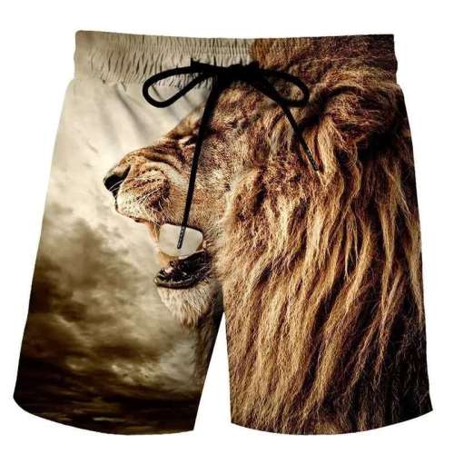 Men Lion Print Elasticated Beach Shorts