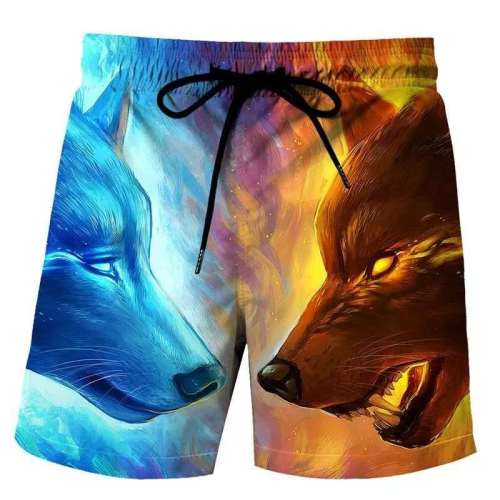 Men Wolf Print Elasticated Beach Shorts
