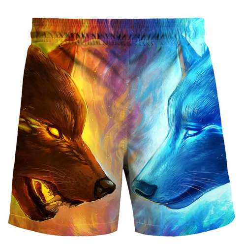 Men Wolf Print Elasticated Beach Shorts