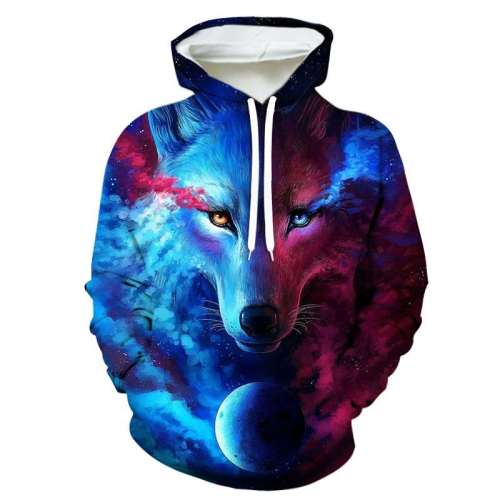 Family Matching Hoodies Unisex Galaxy Wolf Print Pullover Sweatshirt