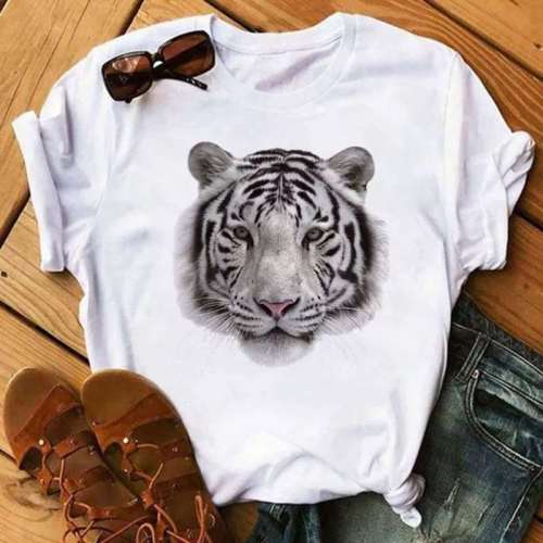Unisex Cartoon Tiger Print Loose White Short Sleeve T-shirts Tops