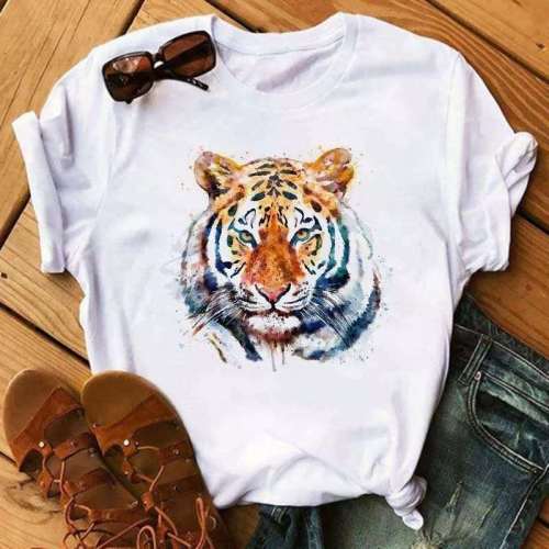 Unisex Cartoon Tiger Print Loose White Short Sleeve T-shirts Tops