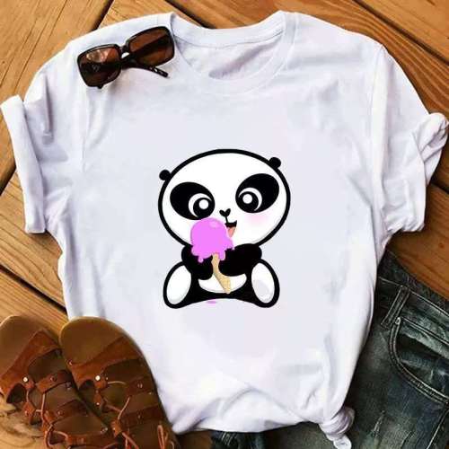 Womens Cute Panda Print Cotton White T-shirts Tops