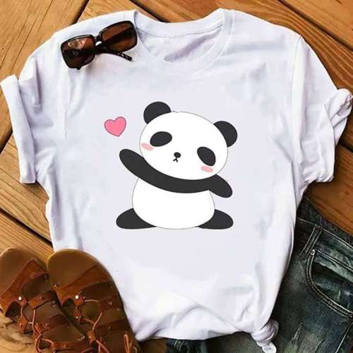 Womens Cute Panda Print Cotton White T-shirts Tops
