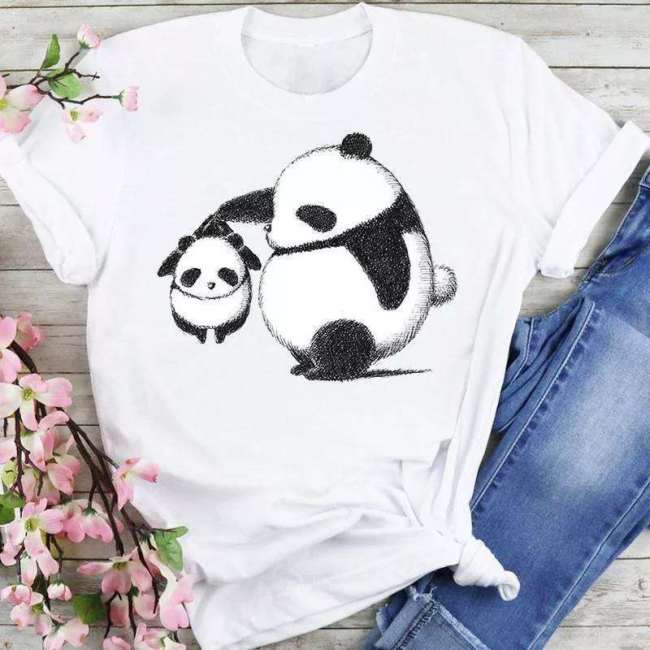 Unisex Cute Panda Print Cotton Loose White T-shirts Tops