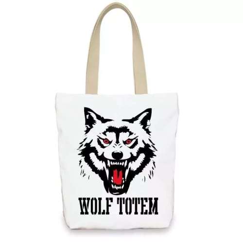 Zipper Closure Handbag Wolf Print Canvas Shoulder Tote Bag With Large Capacity