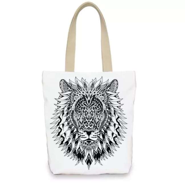 Zipper Closure Handbag Lion Canvas Shoulder Tote Bag With Large Capacity