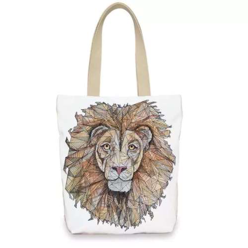 Zipper Closure Handbag Lion Canvas Shoulder Tote Bag With Large Capacity
