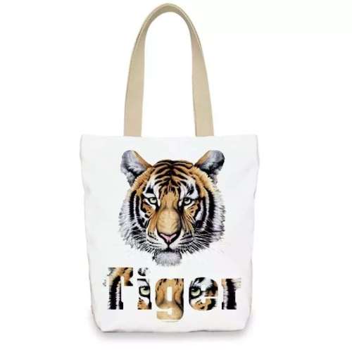 Zipper Closure Handbag Tiger Canvas Shoulder Tote Bag With Large Capacity