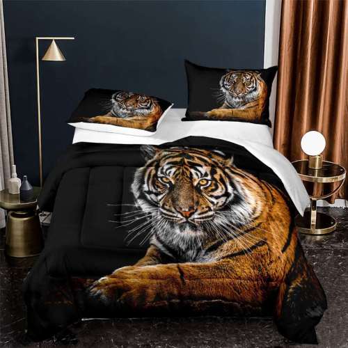 3D Tiger Print Quilt Set Cotton Comforter Set for Adults Teens