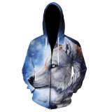 Unisex Wolf Print Hooded Pullover Jackets Outerwear