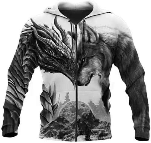Unisex Wolf and Dragon Print Hooded Pullover Jackets Outerwear