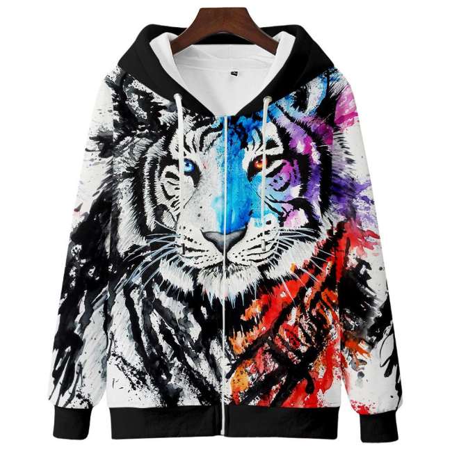 Unisex Tiger Print Hooded Pullover Jackets Outerwear