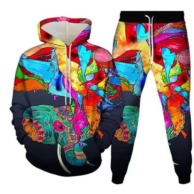 Unisex Elephant Print Hoodies Pants Sets