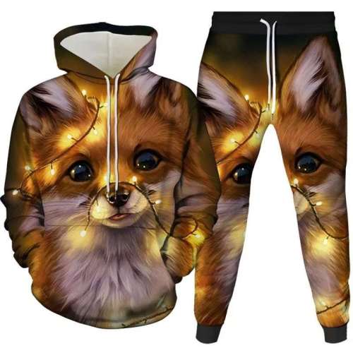 Unisex Fox Print Hoodies Pants Sets