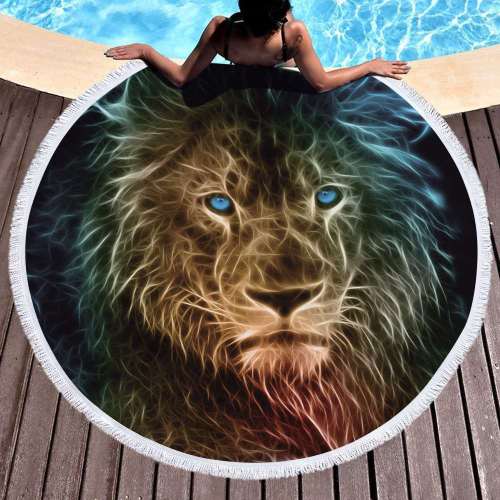 3D Lion Print Round Beach Towel Blanket Tassel Yoga Mat Beach Cooling Towel