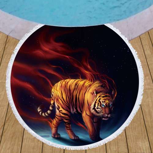 3D Tiger Print Round Beach Towel Blanket Tassel Yoga Mat Beach Cooling Towel