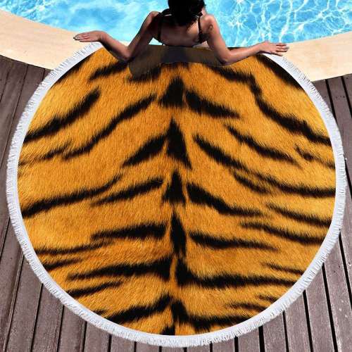 3D Tiger Pattern Print Round Beach Towel Blanket Tassel Yoga Mat Beach Cooling Towel