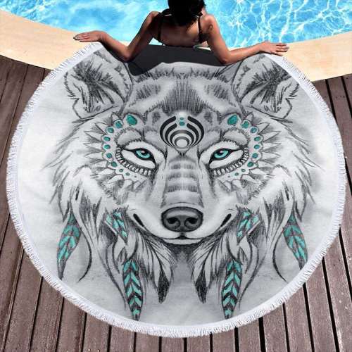 3D Wolf Print Round Beach Towel Blanket Tassel Yoga Mat Beach Cooling Towel
